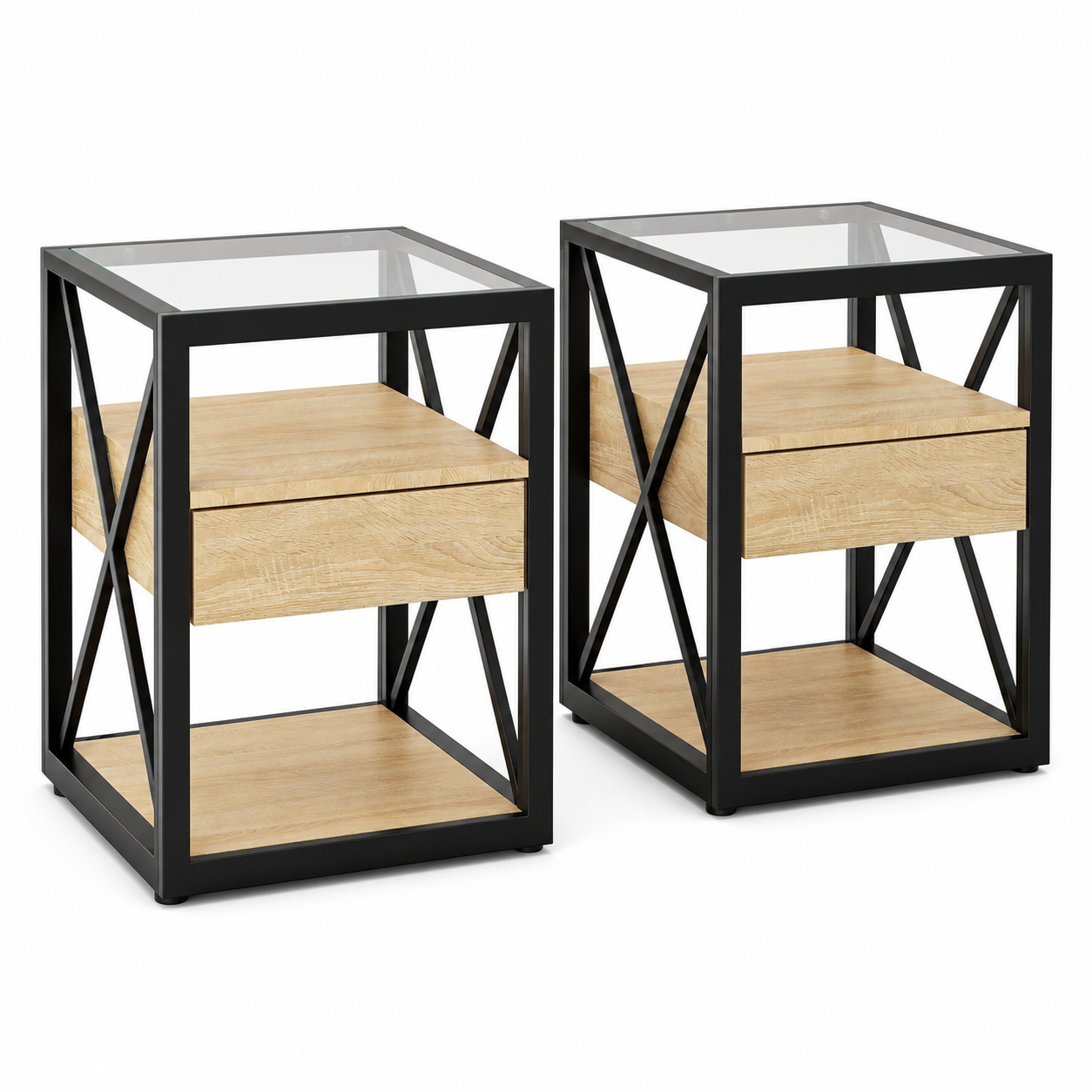Set of 2 Natural Wood End Tables with Drawers and Tempered Glass Tops