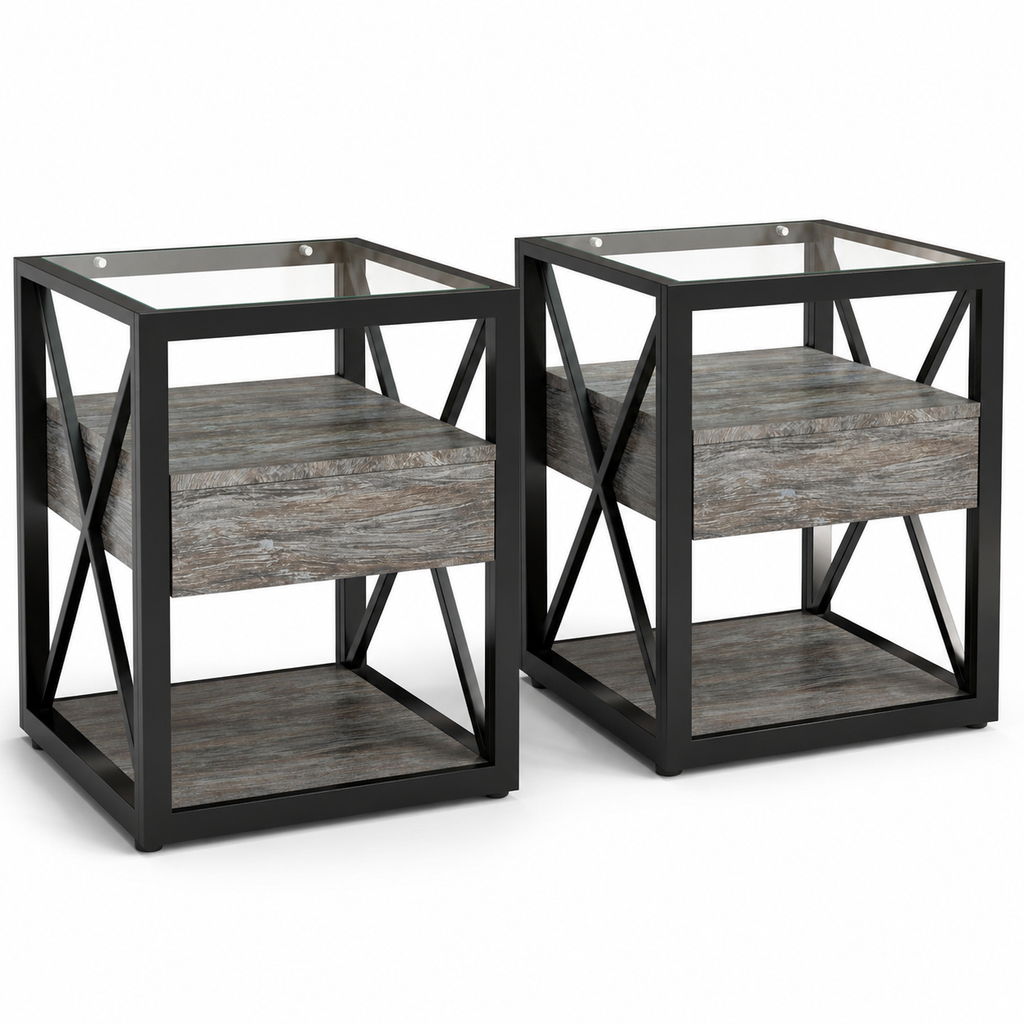 Set of 2 Rustic Wood End Tables with Drawers and Tempered Glass Tops