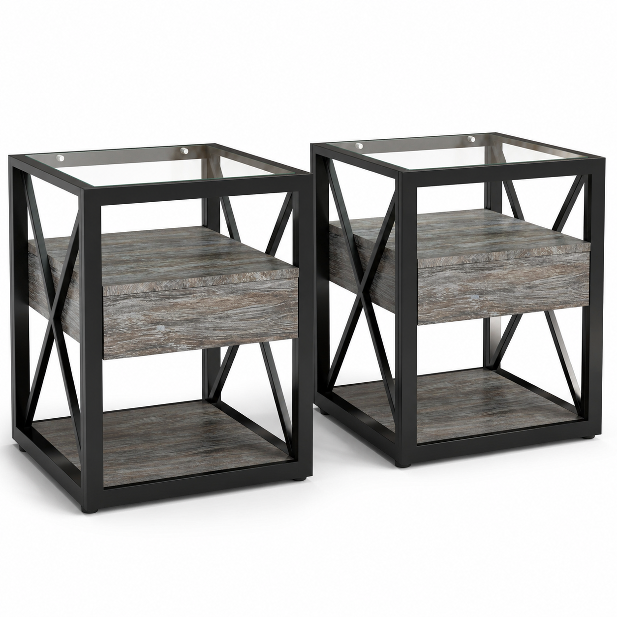 Set of 2 Rustic Wood End Tables with Drawers and Tempered Glass Tops